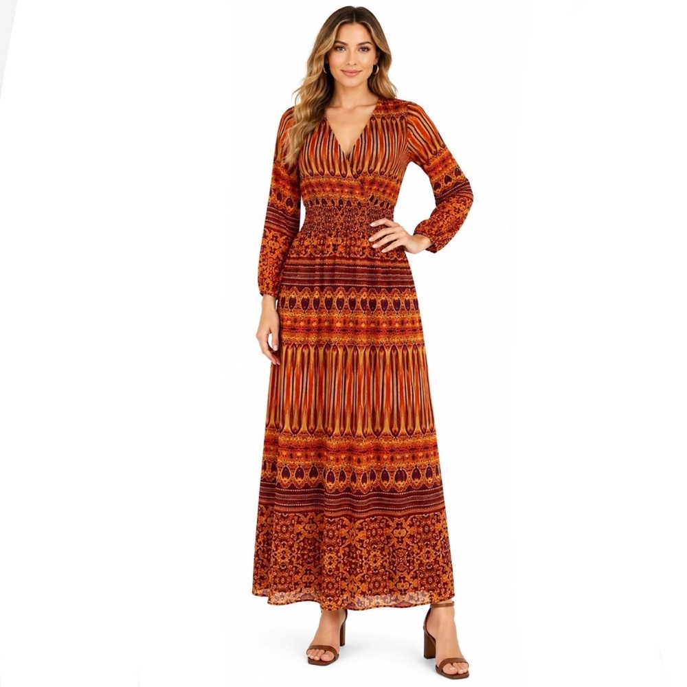 James & Erin Peasant Style Tribal Print Boho V-Neck Maxi Dress Size XS